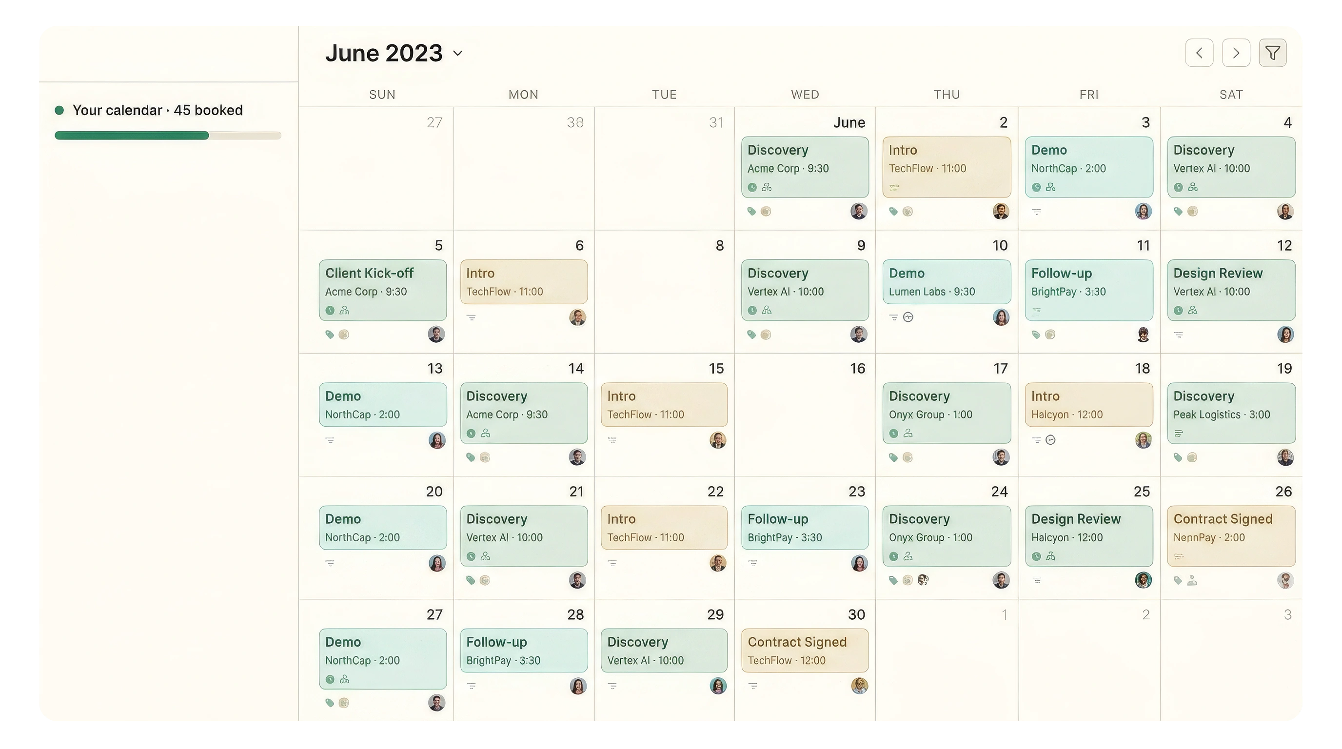 A fully booked calendar week - discovery calls, demos and intros with decision-makers