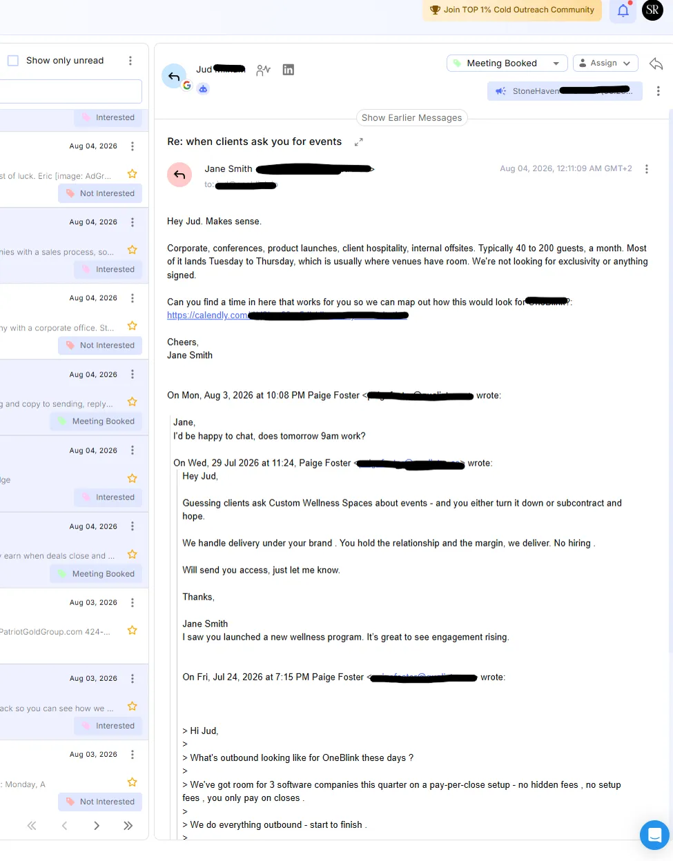 Email thread where a prospect replies with their requirements and books a meeting