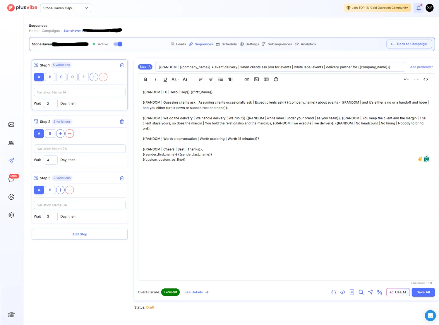 Sequence builder showing steps, wait times and multiple copy variations per step
