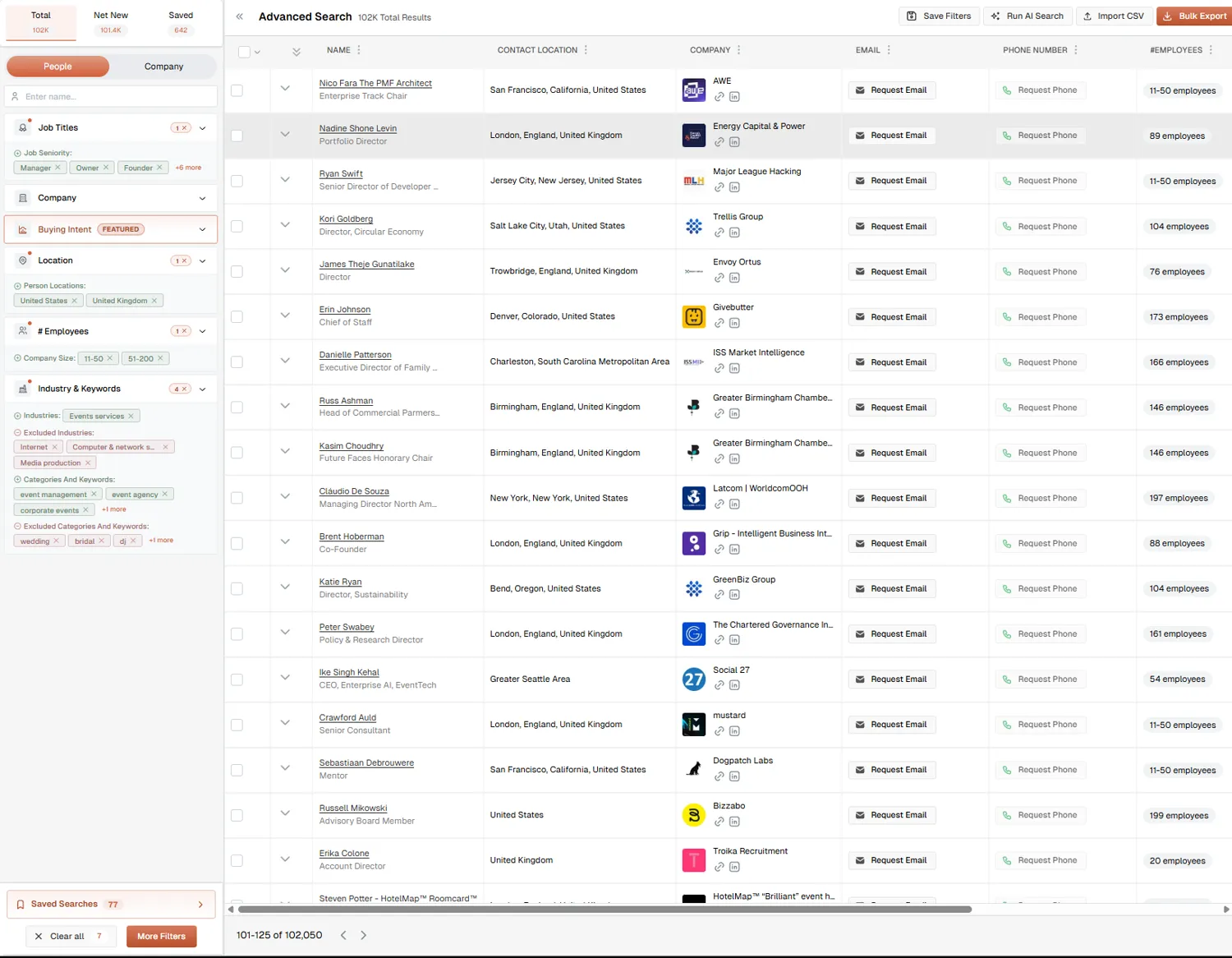 Lead database search filtered by job seniority, location, company size and industry keywords